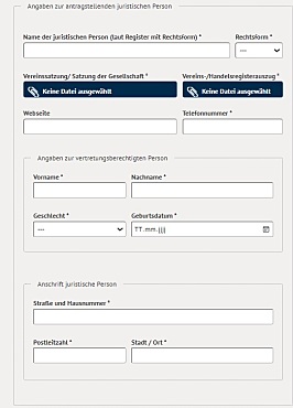 Online-Antragsformular mit Feldern für die antragstellende Person als juristische Person wie beispielweise Name der Gesellschaft, Vor- und Nachname vertretungsberechtigte Person, Anschrift und Email-Adresse