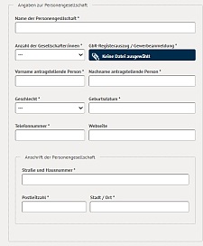 Online-Antragsformular mit Feldern für die antragstellende Person als Personengesellschaft wie beispielweise Name der Gesellschaft, Vor- und Nachname hauptantragstellende Person, Anschrift und Email-Adresse