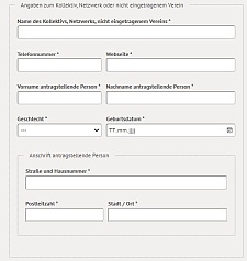 Online-Antragsformular mit Feldern für die antragstellende Person als nicht rechtlich selbstständiger Zusammenschluss wie beispielweise Name des Kollektivs, Netzwerkes, nicht eingetragenem Vereins, Vor- und Nachname hauptantragstellende Person, Anschrift und Email-Adresse