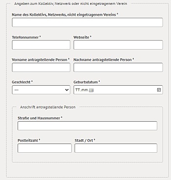 Online-Antragsformular mit Feldern für die antragstellende Person als nicht rechtlich selbstständiger Zusammenschluss wie beispielweise Name des Kollektivs, Netzwerkes, nicht eingetragenem Vereins, Vor- und Nachname hauptantragstellende Person, Anschrift und Email-Adresse