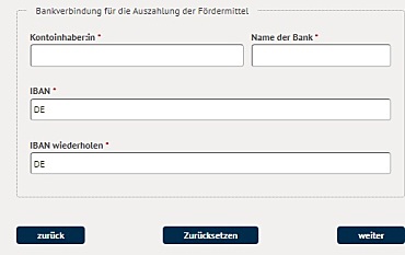 Online-Antragsformular mit Feldern für eine Bankverbindung