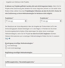 Online-Antrag mit Formularfelder für Projektbeginn und -ende sowie Beantragung vorzeitiger Maßnahmebeginn