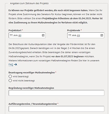 Online-Antrag mit Formularfelder für Projektbeginn und -ende sowie Beantragung vorzeitiger Maßnahmebeginn