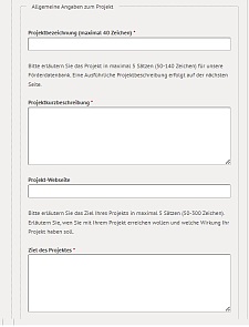 Online-Antrag mit Feldern zur Angabe von Projektenbezeichnung und -beschreibung.