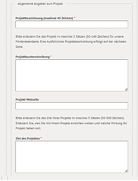 Online-Antrag mit Feldern zur Angabe von Projektenbezeichnung und -beschreibung.