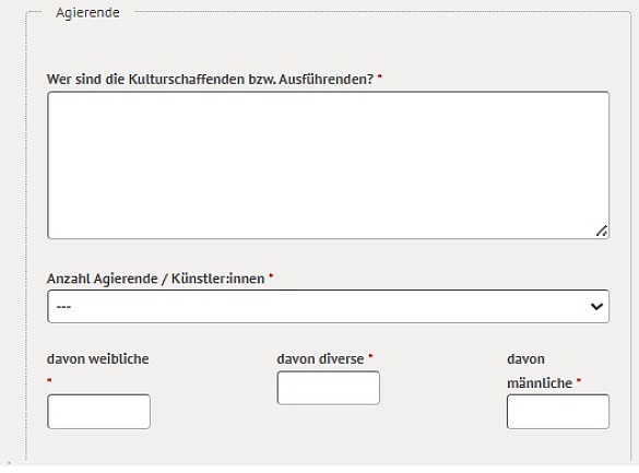 Online-Antrag mit Felder für die Auswahl von beteiligten Künstler:innen