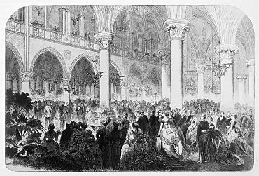 Otto von Bismarck in the large stock exchange hall in Bremen (left with white uniform) at the reception for Wilhelm I of Prussia on 15 June 1869. After a drawing by Arthur Fitger, Leipziger Illustrierte Zeitung 3 July 1869.